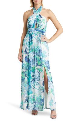 Eliza J Floral Halter Neck A-Line Gown in Ivory /blue