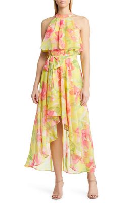 Eliza J Floral Halter Neck High-Low Dress in Yellow