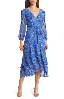 Eliza J Floral Long Sleeve Chiffon Midi Dress in Blue