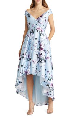 Eliza J Floral Print Off the Shoulder High/Low Dress in Sky Combo