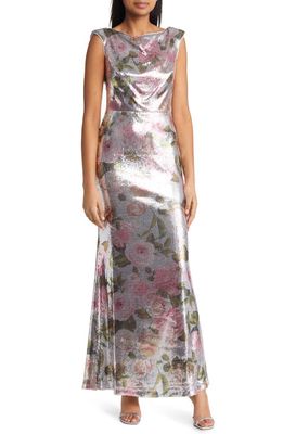 Eliza J Floral Print Sequin Gown in Silver Combo