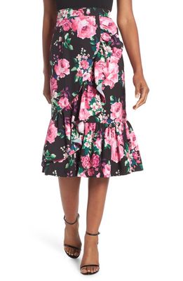 Eliza J Floral Ruffle Midi Skirt in Black/Pink