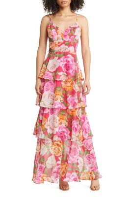 Eliza J Floral Tiered Gown in Hot Pink
