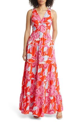 Eliza J Floral Twist Front Tiered Maxi Dress in Poppy