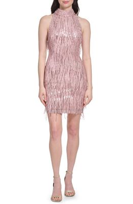 Eliza J Fringe Sequin Cutout Back Sleeveless Cocktail Dress in Blush