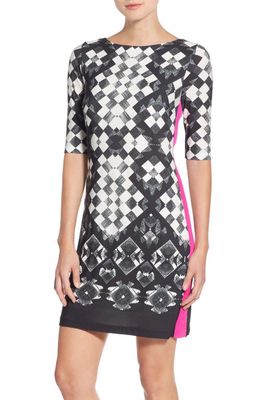 Eliza J Geometric Print Jersey A-Line Dress in Black/White/Pink