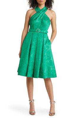 Eliza J Halter Neck Jacquard Cocktail Dress in Green