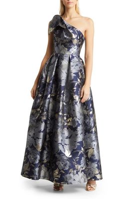 Eliza J Metallic Floral Asymmetric Gown in Navy