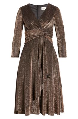 Eliza J Metallic Long Sleeve Faux Wrap Cocktail Dress in Brown