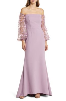 Eliza J Off the Shoulder 3D Floral Sleeve Scuba Crepe Evening Dress in Mauve