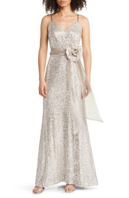 Eliza J Organza Flower Sequin Gown in Silver