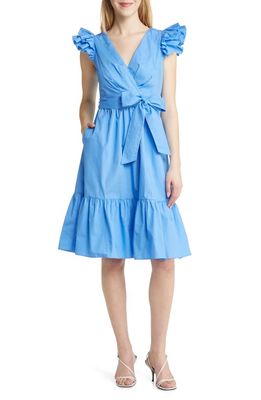 Eliza J Ruffle Cotton Faux Wrap Midi Dress in Blue
