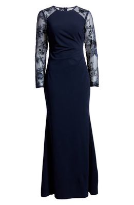 Eliza J Sequin Embroidered Long Sleeve Gown in Navy