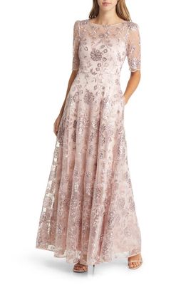 Eliza J Sequin Floral Illusion Lace Fit & Flare Gown in Blush