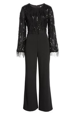 Eliza J Sequin Fringe Long Sleeve Jumpsuit in Black
