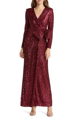 Eliza J Sequin Wrap Front Long Sleeve Gown in Ruby Red