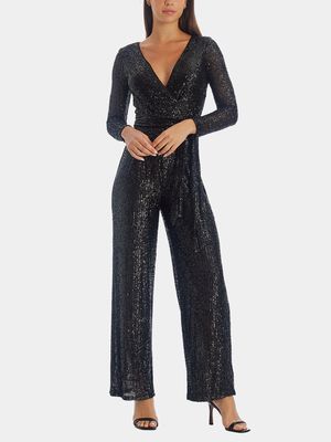 Eliza J Women's Long Sleeve Wrap Bodice Jumpsuit Dress in Black