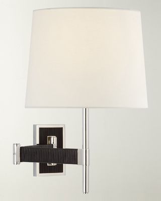 Elle Swing Arm Sconce In Polished Nickel And Black Rattan With Linen Shade By Suzanne Kasler