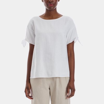 Ellen Tracy Women's Linen Top with Knotted Sleeve in White
