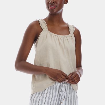 Ellen Tracy Women's Linen Top with Ruffle Strap in Tan