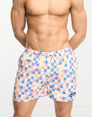 ellesse Yves swim shorts in multi colored square print-Pink
