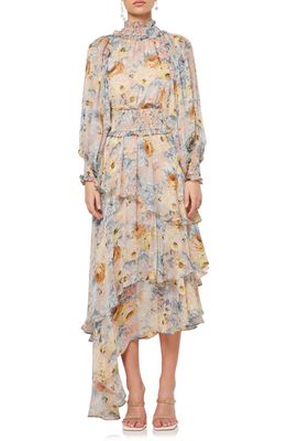 Elliatt Astrid Floral Asymmetric Smocked Long Sleeve Dress in Beige Multi