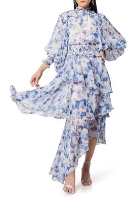 Elliatt Astrid Floral Long Sleeve Midi Dress in Blue/white