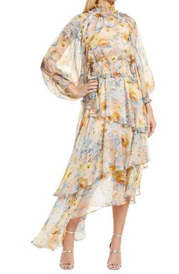 Elliatt Astrid Floral Print Long Sleeve Asymmetric Chiffon Dress in Beige Multi