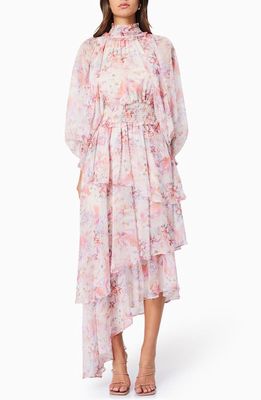 Elliatt Astrid Floral Print Long Sleeve Asymmetric Chiffon Dress in Pastel Multi