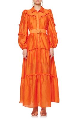 Elliatt Authors Long Sleeve Belted Maxi Shirtdress in Orange
