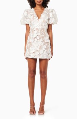 Elliatt Rosalind Floral Embroidered Puff Sleeve Cocktail Minidress in White