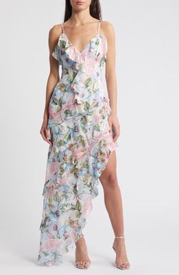 Elliatt Wilhelmina Floral Print Ruffle Chiffon Maxi Dress in Pink Multi 