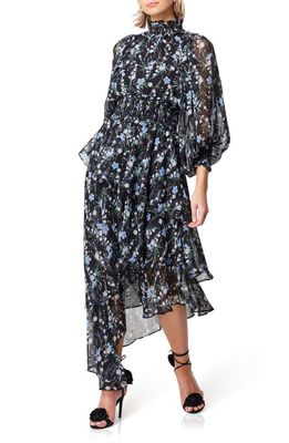 Elliatt Wistfully Floral Print Tiered Asymmetric Hem Dress in Black Multi