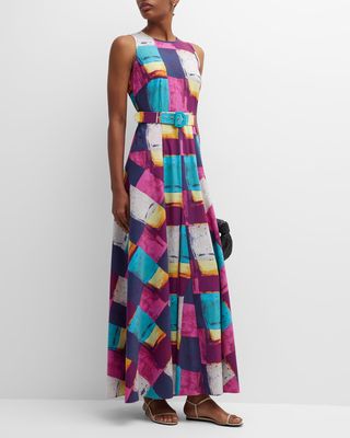 Elliot Belted Abstract-Print A-Line Maxi Dress