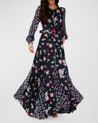 Elliot Belted Floral-Print Godet Maxi Dress