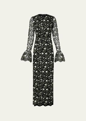 Ellisella Bell-Sleeve Embroidered Maxi Dress