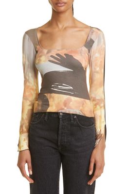 ELLISS Sunflower Scoop Neck Long Sleeve Jersey T-Shirt in Brown Print Multi