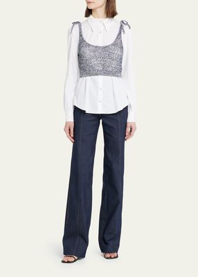 Elodie Combo Knit & Poplin Button-Front Top