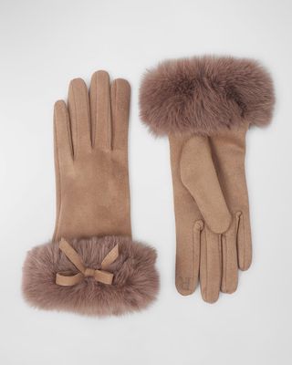 Elodie Faux Fur-Trim Bow Vegan Suede Gloves