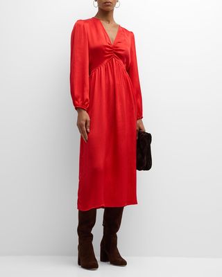 Eloise Ruched Blouson-Sleeve Empire Midi Dress
