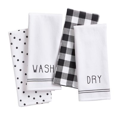 Elrene Home Fashions Farmhouse Living Sentiments Kitchen Towels, Set of 4 in Black/White 18" x
