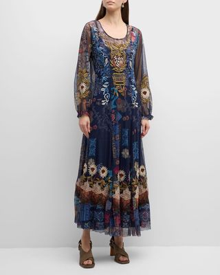Elrey Floral-Print Embroidered Mesh Maxi Dress