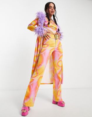 Elsie & Fred low rise Y2K belted fitted flare pants in 70s swirl - part of a set-Multi