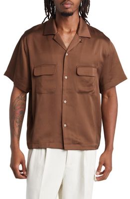 Elwood Short Sleeve Satin Button-Up Bowling Shirt in Tobacco