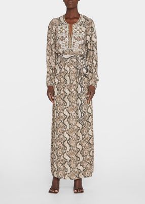 Emani Snakeskin-Print Blouson-Sleeve Dress
