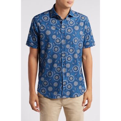 Emanuel Berg 4Flex Modern Fit Floral Short Sleeve Knit Button-Up Shirt in Medium Blue 