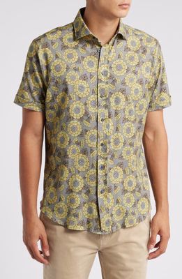 Emanuel Berg 4Flex Modern Fit Floral Short Sleeve Knit Button-Up Shirt in Medium Yellow 