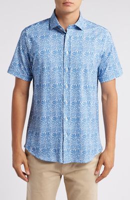 Emanuel Berg 4Flex Modern Fit Leaf Print Short Sleeve Knit Button-Up Shirt in Bright Blue 