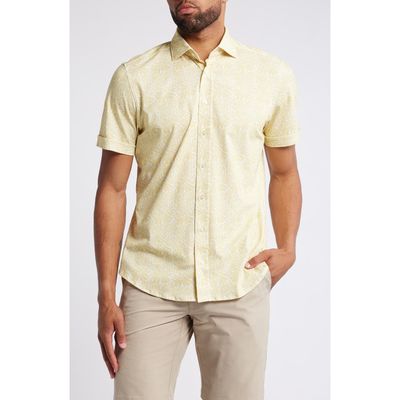 Emanuel Berg 4Flex Modern Fit Leaf Print Short Sleeve Knit Button-Up Shirt in Bright Yellow 