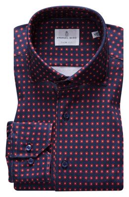Emanuel Berg 4Flex Modern Fit Print Knit Button-Up Shirt in Blue/Dark Red
